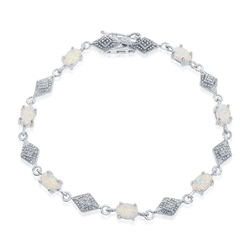 ladies bracelets reward-Sterling Silver Oval White Opal With Marquise Shape CZ Bracelet