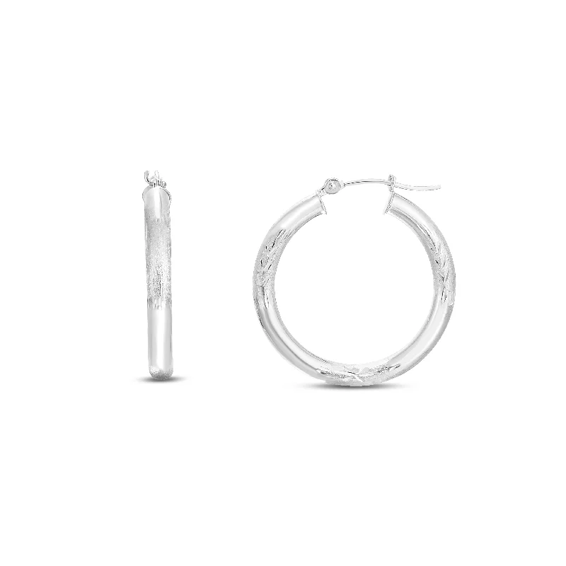 Ladies earrings lore radiance -14K White Gold 3mm Diamond Cut & Polished Design Hoop Earring