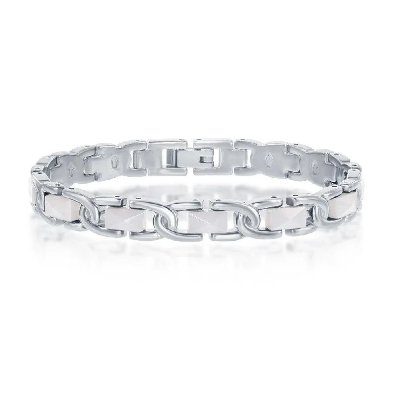 ladies bracelets casual-Stainless Steel Faceted White Ceramic Link Bracelet, 7"