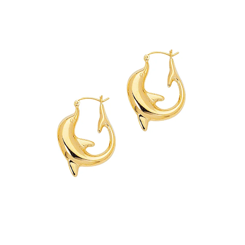 Ladies earrings vivid shine drop -14K Gold Large Dolphin Back to Back Hoop Earring