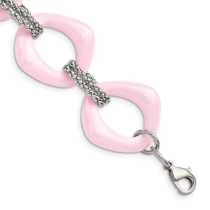 ladies bracelets glamorous-Stainless Steel Pink Ceramic Link Bracelet