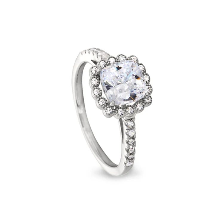 Ladies rings rare elegance -Platinum Finish Sterling Silver Cushion Cut Ring with 28 Simulated Diamonds