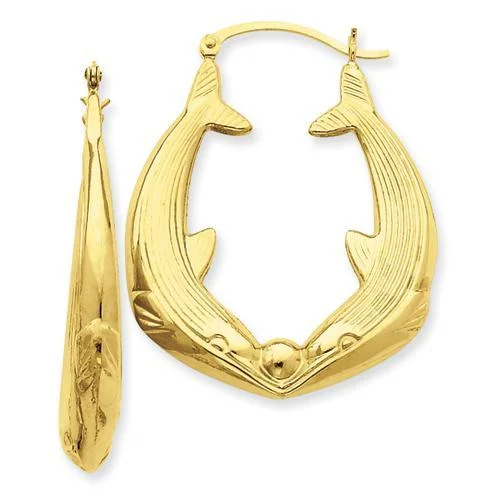 Ladies earrings isle charm -14KT YELLOW GOLD KISSING DOLPHIN HOOP EARRINGS.