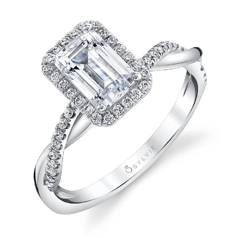 Ladies engagement rings gold gleam band -Sylvie Modern Emerald Cut Engagement Ring With Halo S1724-EM