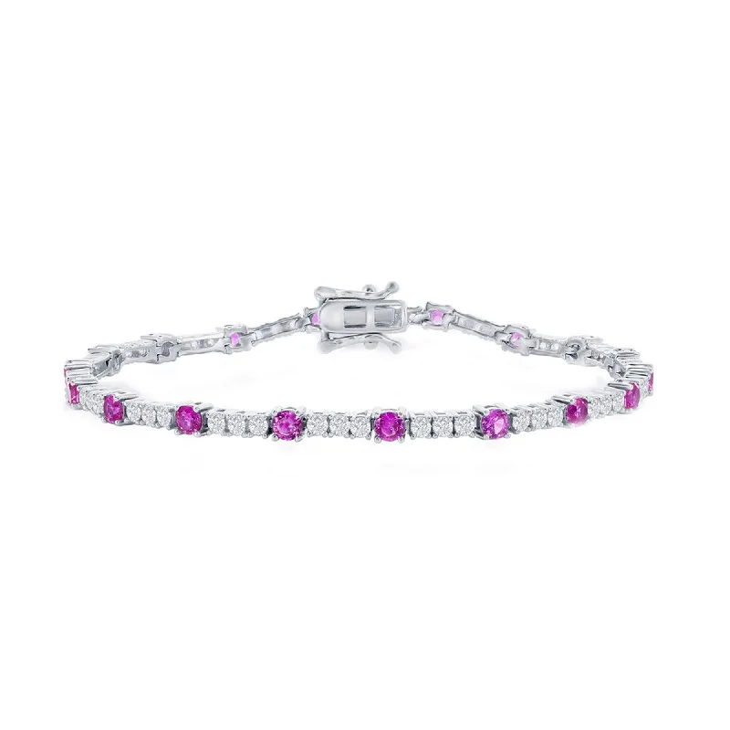 ladies bracelets ethical-Classic Women's Bracelet - Silver 3mm Pink Topaz CZ and White CZ Tennis | T-8029