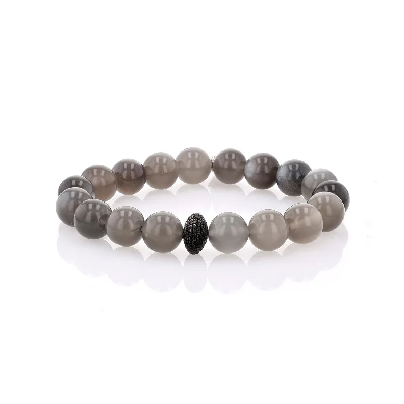 ladies bracelets animal-Grey Moonstone Bracelet with Black Diamond Donut Bead - 10mm BB000080