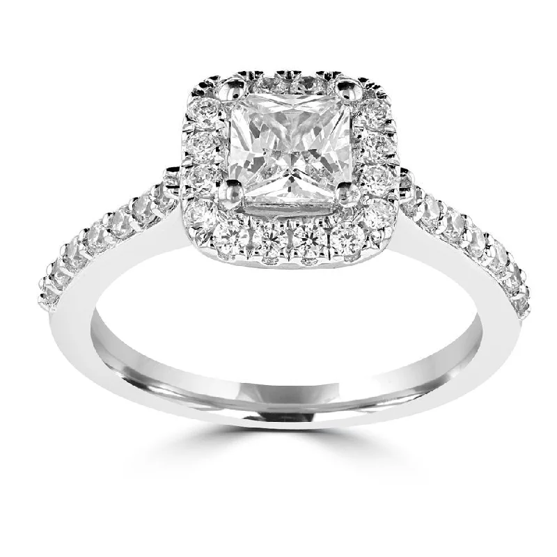 Ladies rings aquamarine glow -14KT WHITE GOLD 1 1/4 CTW PRINCESS CUT DIAMOND ACCENT HALO RING