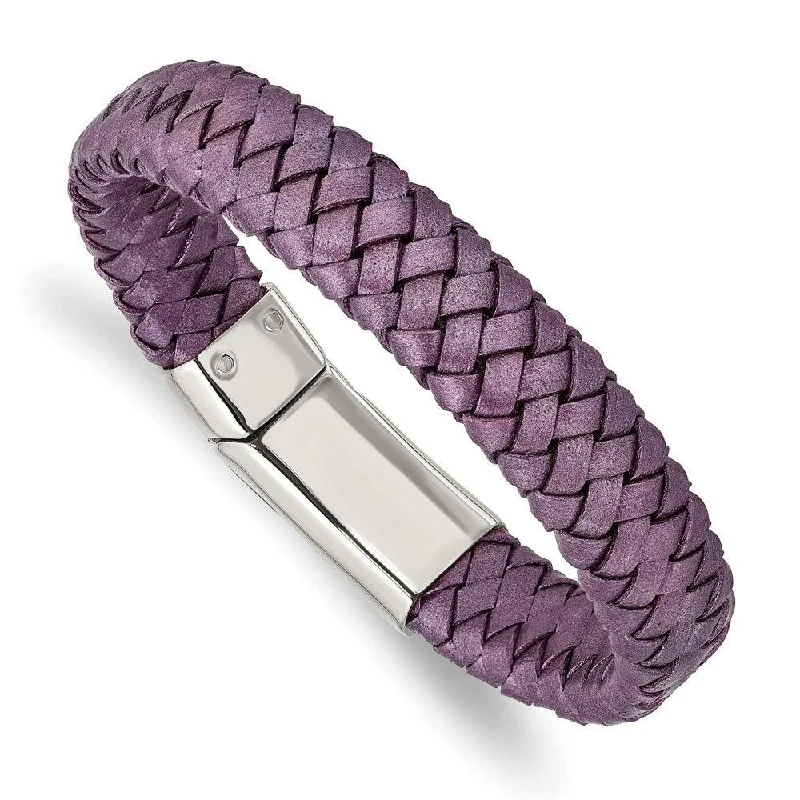 ladies bracelets edwardian-Stainless Steel Polished Metallic Purple Woven Leather Bracelet