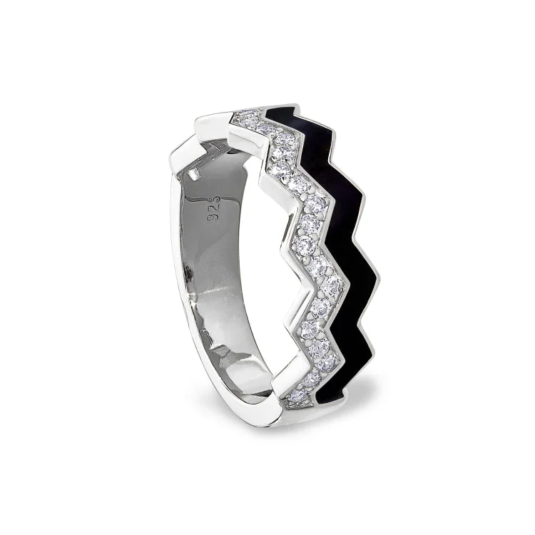 Ladies rings ageless shine -Platinum Finish Sterling Silver Micropave Ring with with Black Enamel and Simulated Diamondss