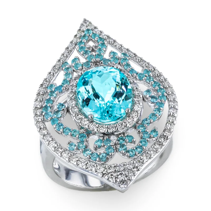 Ladies rings vow charm ring -JULEVE 18KT WHITE GOLD 3.56CT PARAIBA TOURMALINE & 0.60CTW DIAMOND RING