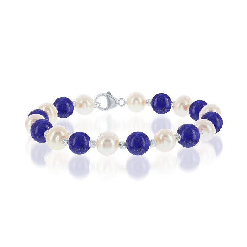 ladies bracelets cartier-Sterling Silver FWP and Blue Lapis Alternating Bracelet, 7.5"