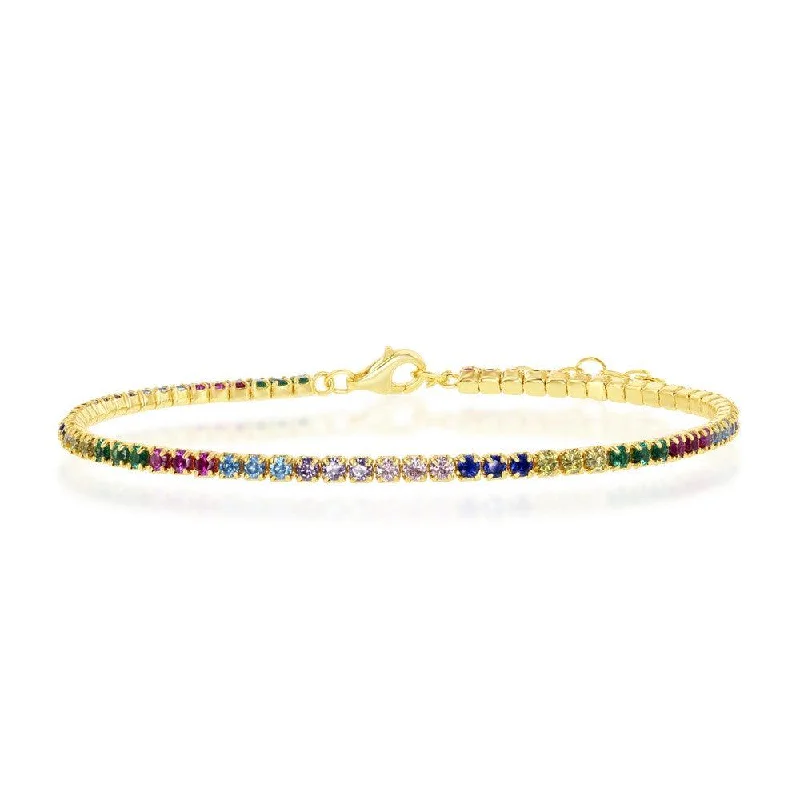 ladies bracelets platinum-Sterling Silver Gold Plated Rainbow CZ Tennis Bracelet, 6.5"