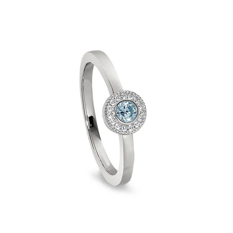 Ladies rings soft beauty glow -Platinum Finish Sterling Silver Micropave Round Simulated Aquamarine Ring with Simulated Diamonds Size 6