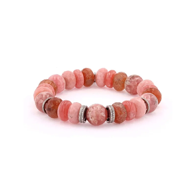 ladies bracelets friendship-Organic Pink Gemstone Mix Bracelet with Diamond Rondelles - 12mm Designed and handmade in California