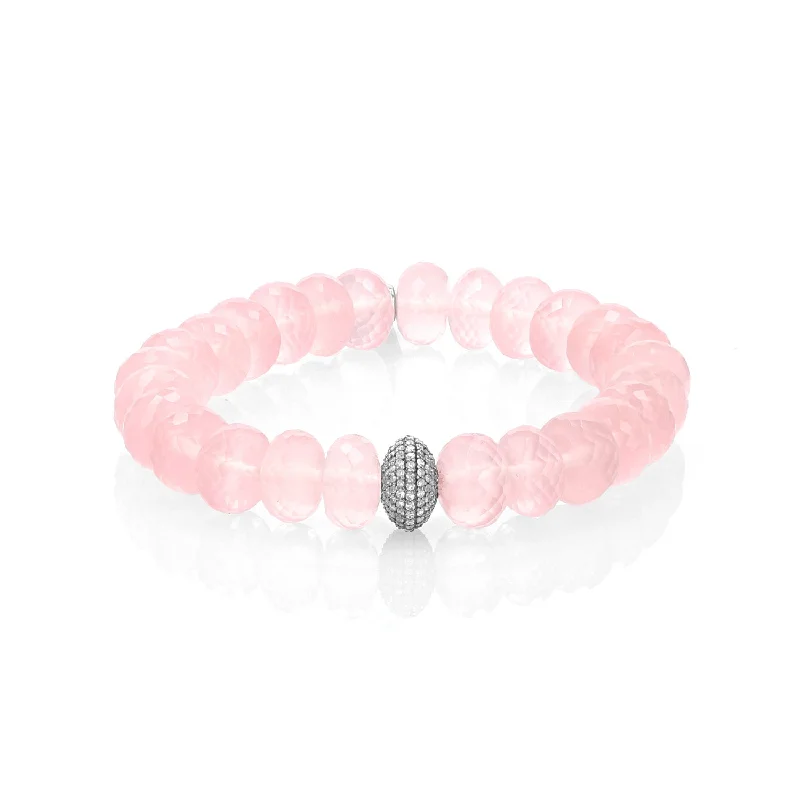 ladies bracelets custom-Rose Quartz Faceted Rondelle Bracelet with Diamond Donut - 10mm  B0003685