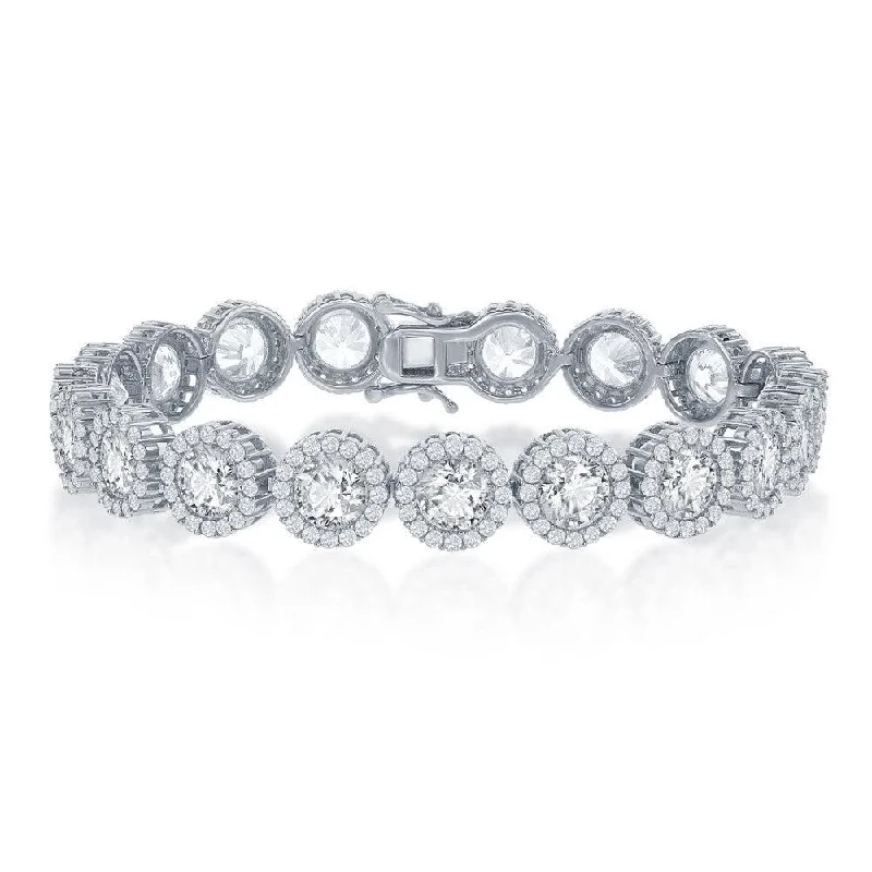 ladies bracelets lightweight design-Sterling Silver Round Halo CZ Linked Bracelet, 7.5"