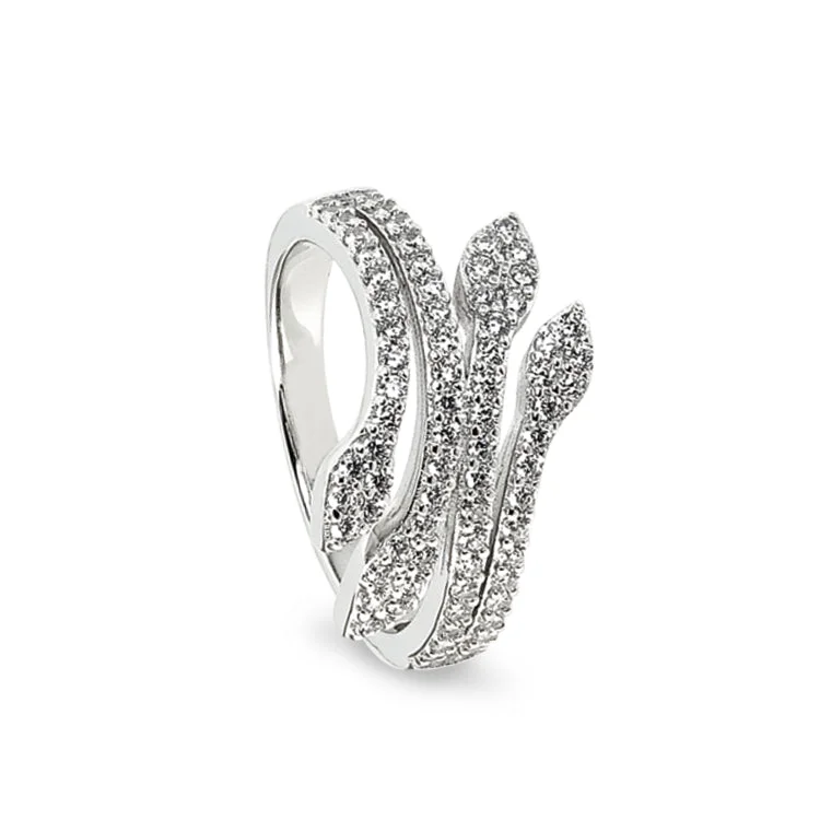 Ladies rings old glow -Platinum Finish Sterling Silver Micropave Leaf Ring with Simulated Diamonds