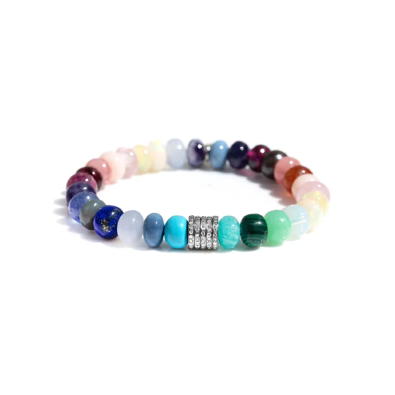 ladies bracelets treat-Rainbow Gemstone Mix Bracelet with 5 Pave Diamond Rondelles - 8mm  B0003484