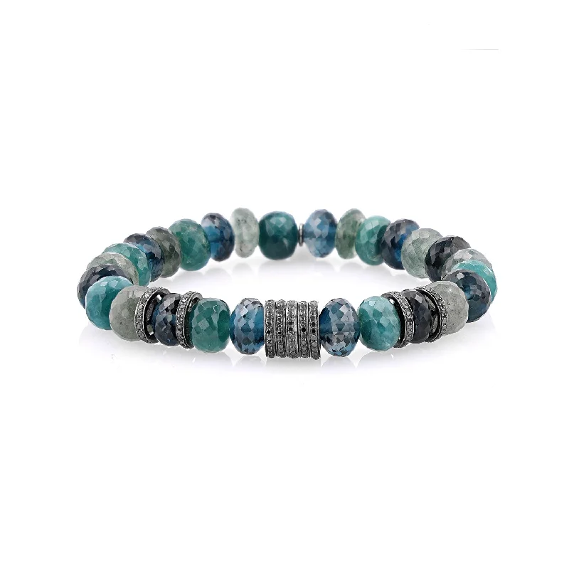 ladies bracelets cross-Blue Green Mix Bracelet with 9 Black Diamond Pave Rondelles - 10mm  BB000062