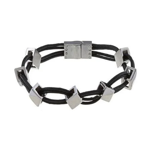 ladies bracelets two tone-Stainless Steel Leather and Diamond Shaped Links Bracelet, 8.5"