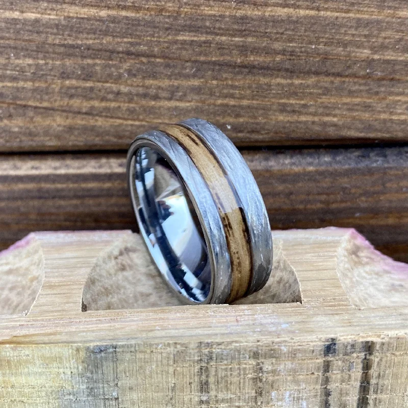 Ladies rings odd stone shine -" The Cowboy" 100% USA Made Build Your Own Ring Rugged Tungsten Flat Band with Off-Center Inlay and Bark Finish