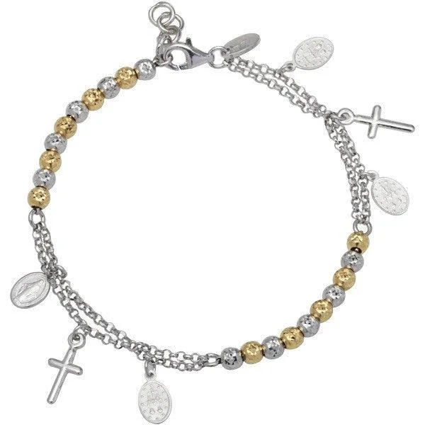 ladies bracelets meaningful-Sterling Silver Two Tone Beads with Cross and Medal Charm Bracelet