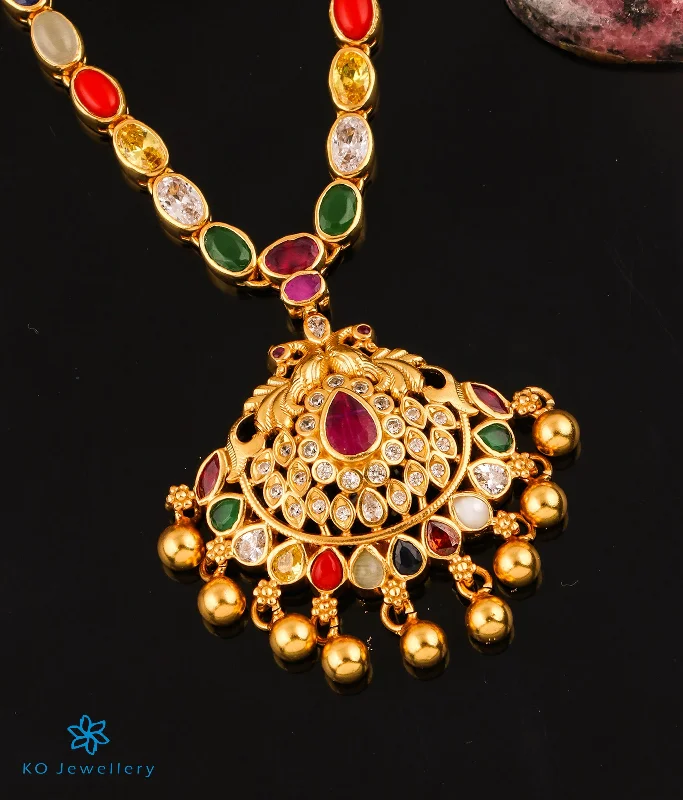 ladies necklaces colorful stones-The Nishta Silver Navratna Peacock Necklace