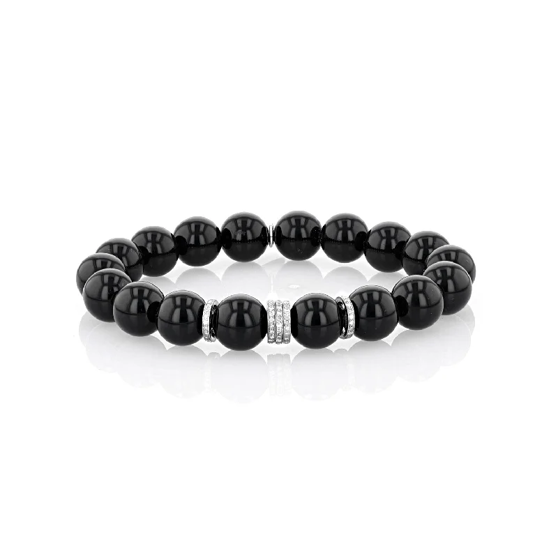 ladies bracelets best seller-Onyx Bead Bracelet with 5 Diamond Rondelles - 10mm : B0003565