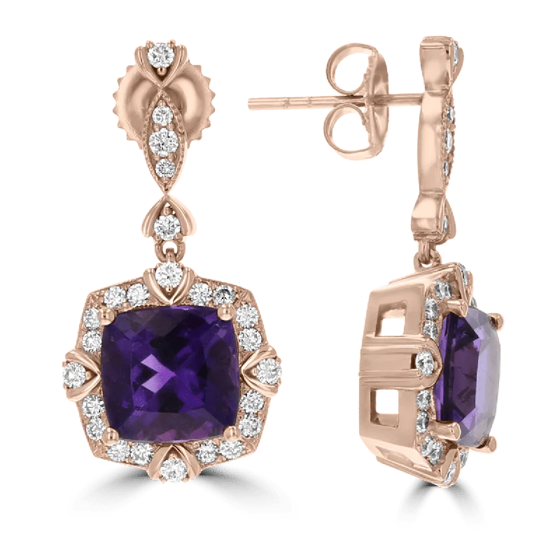 Ladies earrings letter glow -JULEVE 18KT 5.95 CTW AMETHYST & .76 CTW DIAMOND DROP EARRINGS