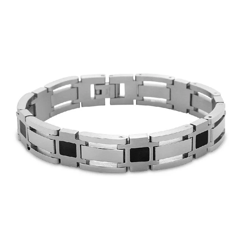 ladies bracelets treat-Stainless Steel Open Links with Black Squares Bracelet, 8"