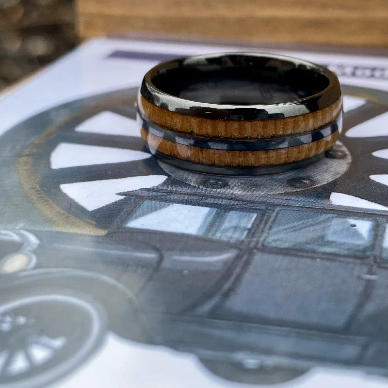 Ladies rings gold shimmer glow -“The Motorist” 100% USA Made Black Ceramic Ring With Wood from A Model T Wheel Spoke