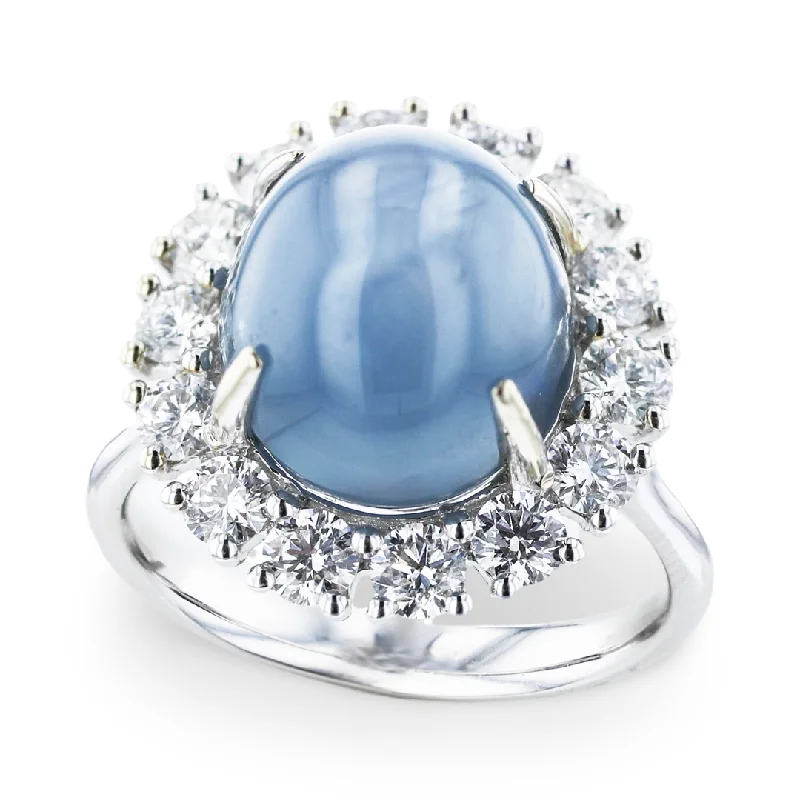 Ladies rings art glow -JULEVE 14KT WHITE GOLD 12.05CT STAR SAPPHIRE & 1.20CTW DIAMOND HALO RING