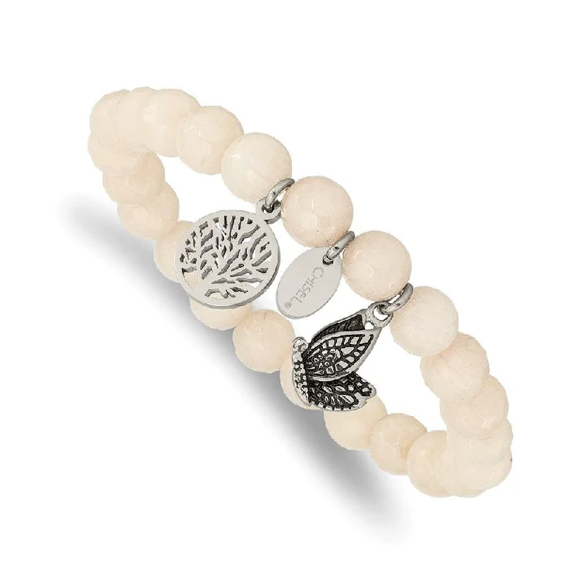 ladies bracelets bold-Stainless Steel Antiqued & Polished Butterfly White Jade Stretch Bracelet