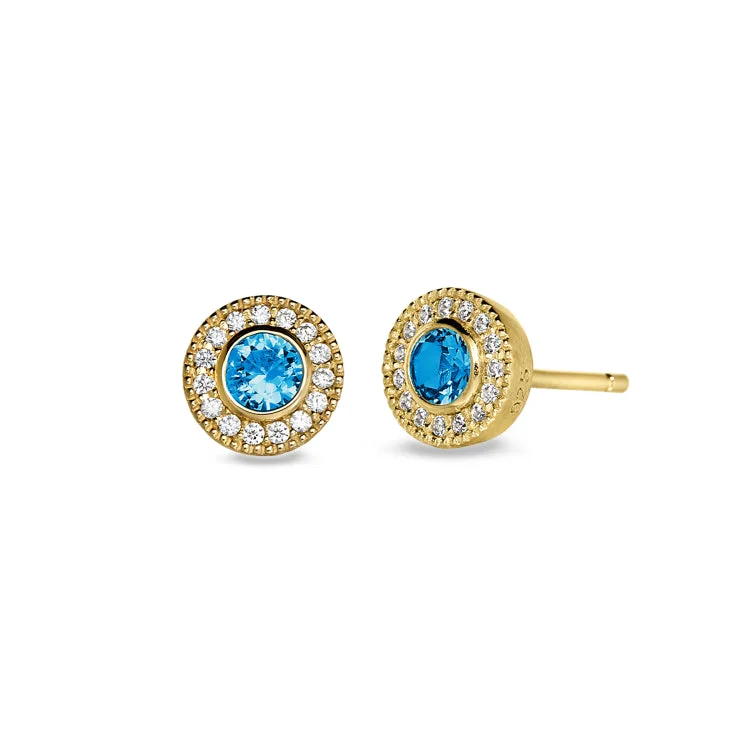 Ladies earrings blaze glow -Gold Finish Sterling Silver Micropave Round Simulated Blue Topaz Earrings with Simulated Diamonds