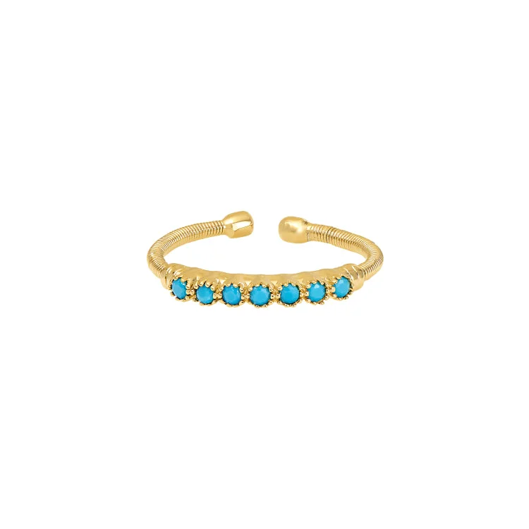 Ladies rings sapphire gleam -Gold Finish Sterling Silver Cable Cuff Ring with Beaded Bezel Set Simulated Turquoise