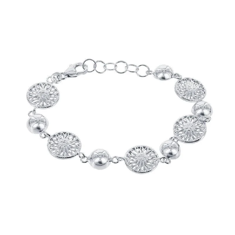 ladies bracelets diamond-Sterling Silver Alternating Round Diamond Cut Flower and Semi Sphere Bracelet