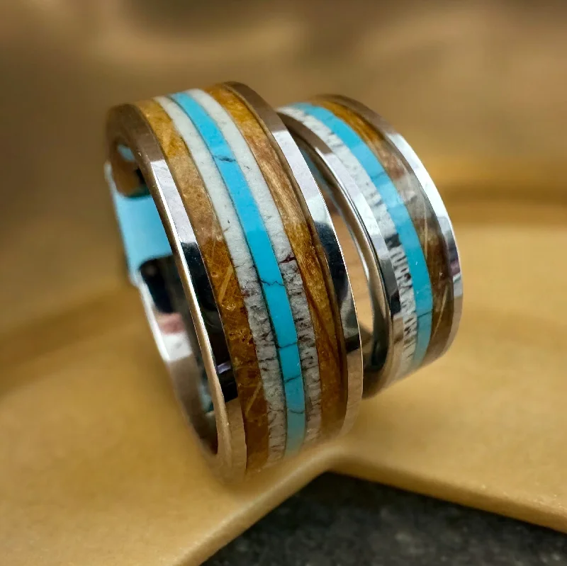 Ladies rings past shine ring -“The Westerner Matching  Set” Tungsten Ring With Reclaimed Bourbon Barrel, Antler and Turquoise