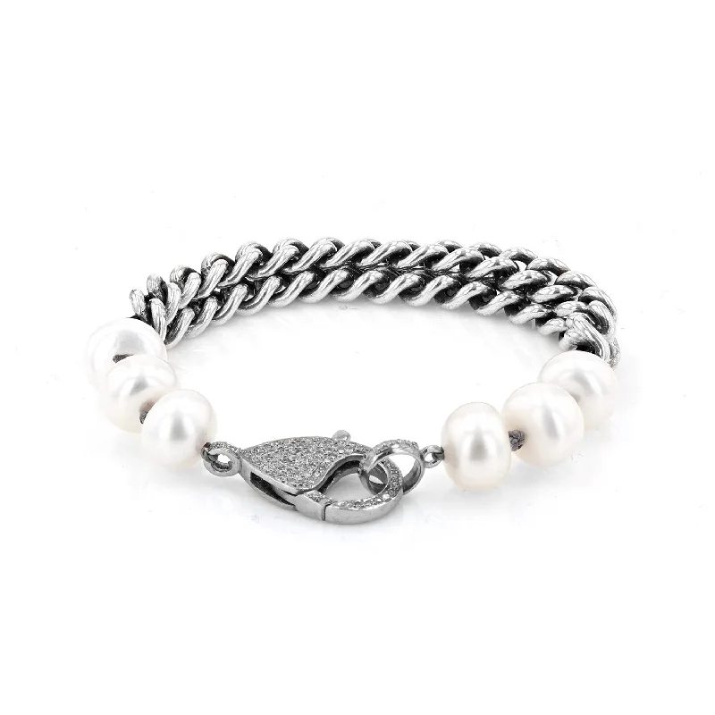 ladies bracelets holiday-White Pearl and Chain Diamond Bracelet  B0003436