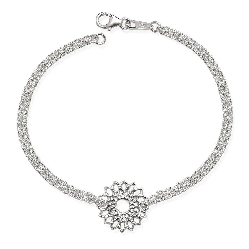 ladies bracelets swarovski-Sterling Silver Double Strand with Center Flower Bracelet, 7.5"