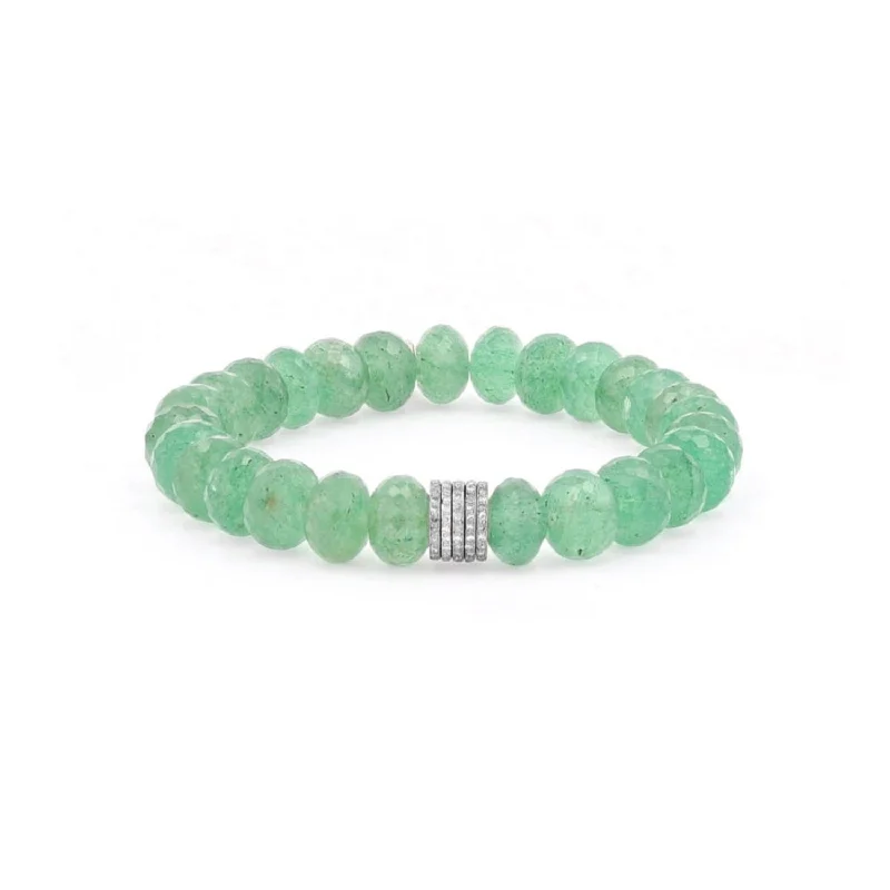 ladies bracelets subtle elegance-Green Quartz Beaded Bracelet with 5 Diamond Pave Rondelles - 10mm  B0003431