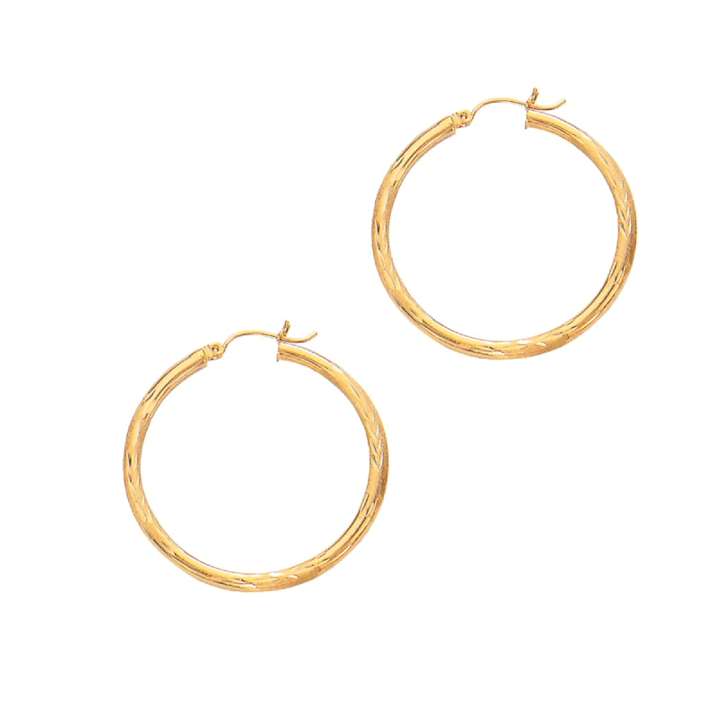 Ladies earrings sleek shine -14K Yellow Gold 2x25mm Diamond Cut & Polished Design Hoop Earring