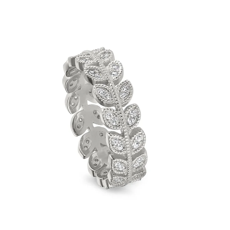 Ladies rings kin glow -Platinum Finish Sterling Silver Micropave Leaf Ring with Simulated Diamonds