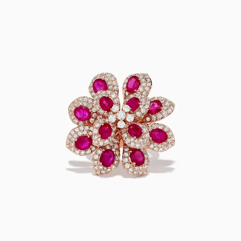 Ladies rings silk shine -Nature 14K Rose Gold Ruby and Diamond Flower Ring