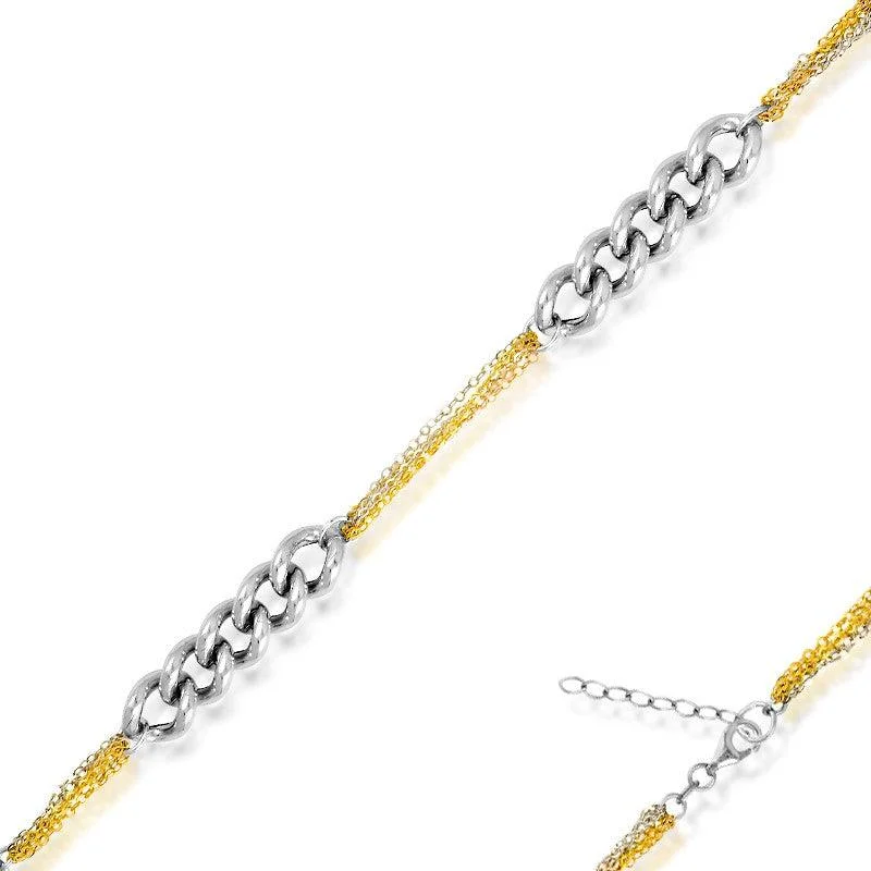 ladies bracelets birthstone-Sterling Silver Curb Link with Tri-Color Chain Bracelet, 7"