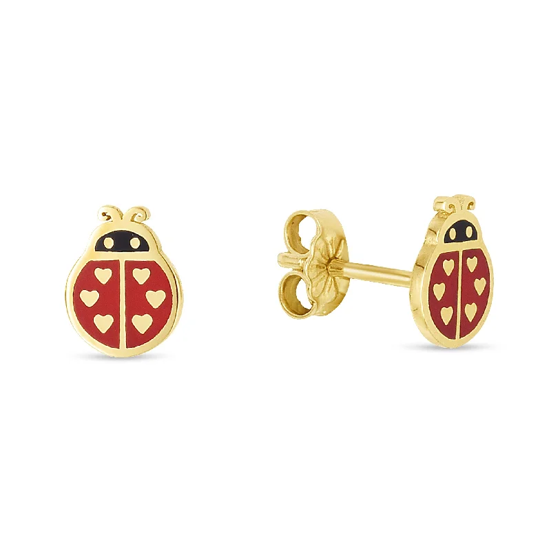 Ladies earrings flow shine -14K Gold Ladybug Enamel Earrings