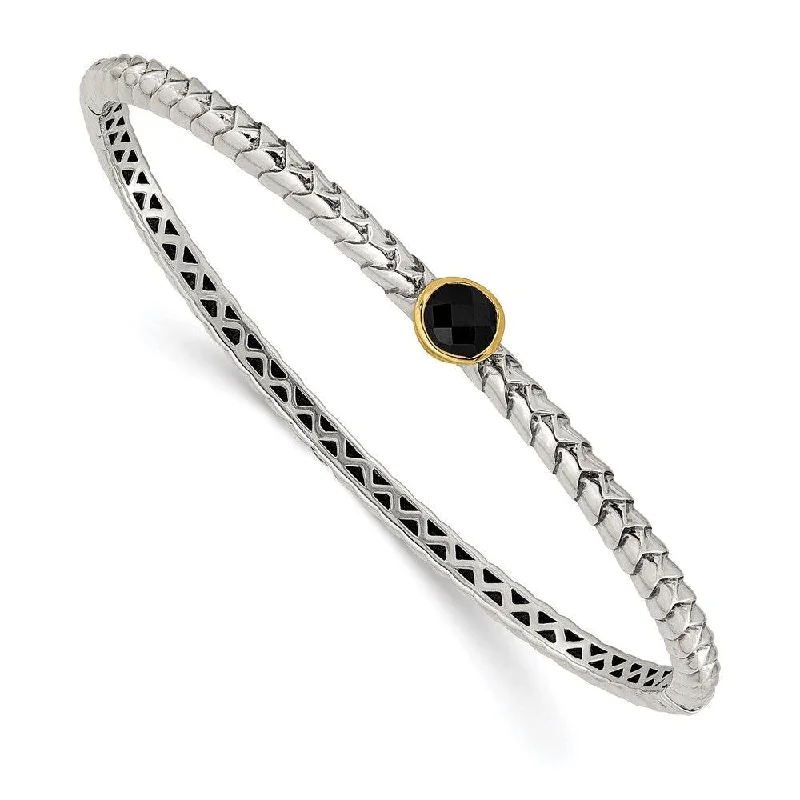 ladies bracelets colorful-Sterling Silver w/14k Antiqued 6mm Onyx Bangle Bracelet