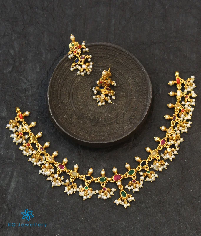 ladies necklaces bib-The Pratyusha Silver Navratna Necklace (Round Pearls)