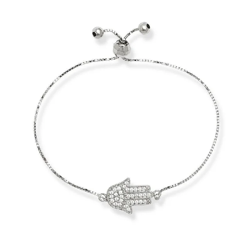 ladies bracelets collectible-Sterling Silver Box Chain with Center CZ Hamsa and Beads Bracelet